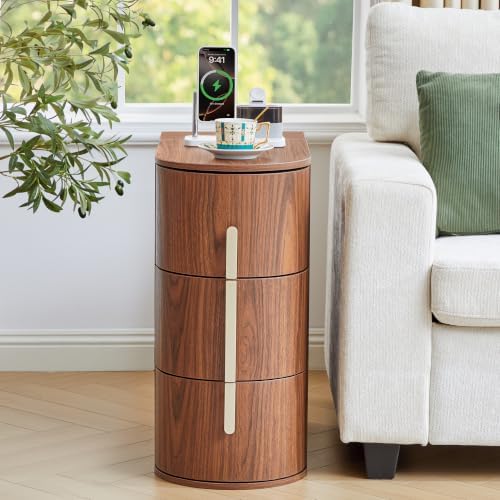 11.8" Narrow Nightstand with Charging Station, Small Bedside Table with 3 Drawers, Modern Skinny End Table for Living Room, Bedroom, Walnut