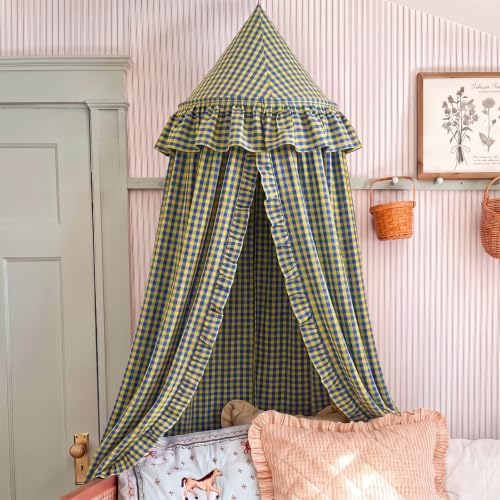 SmoothNovelty Gingham Plaid Bed Canopy, Yellow Blue, Round