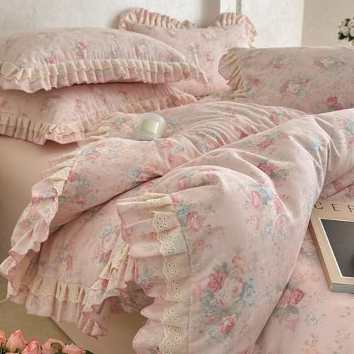 BuLuTu French Garden Pink Floral Duvet Cover Set King Size, Princess Style Lace Ruffled Bedding Set - 1 Comforter Cover King with 2 Pillow Cases, 100% Muslin Cotton Bedding, Soft Breathable