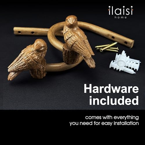Curtain Drapery Holdbacks with Resin Bird, Wall Mount Drapery Hooks Holders, Set of 2, Wood Color, Suitable for Drywall