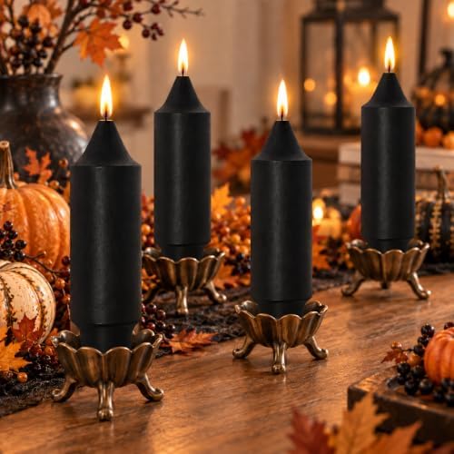 NJAO HOO Black Short Taper Candle 5 Inch Halloween Decoration Candlesticks Unscented Dripless Tapered Candle Set for Home Decor Dinner Candles Party, 4 Pack