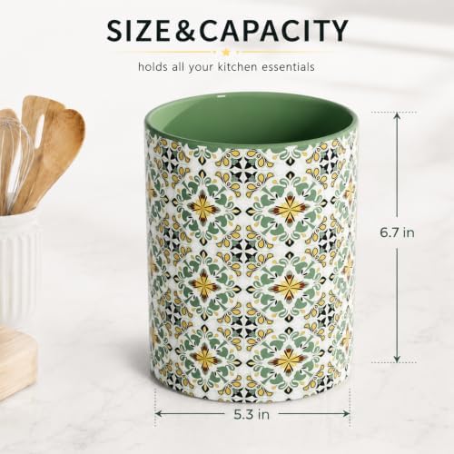 Solidith Ceramic Utensil Holder Crock for Kitchen Countertop,Green