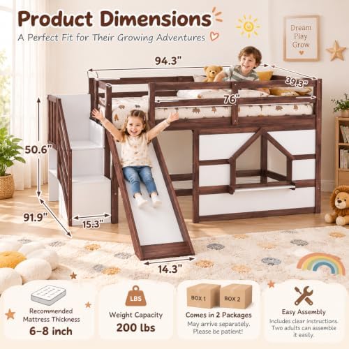 Twin Loft Bed with Slide for Kids, LED & Storage, Walnut White