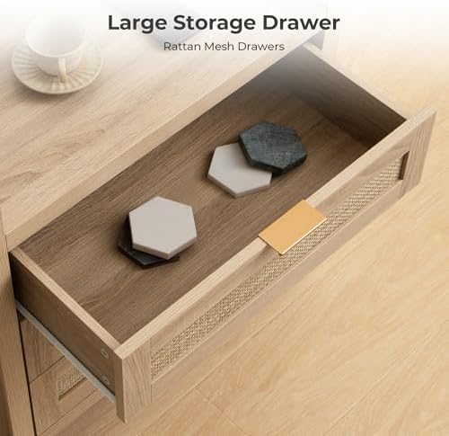 SICOTAS Rattan Nightstand for Bedroom, Tall Bedside Table with 3 Drawers