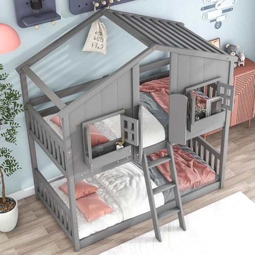 Twin Over Twin House Bunk Bed with Roof and Window, Gray