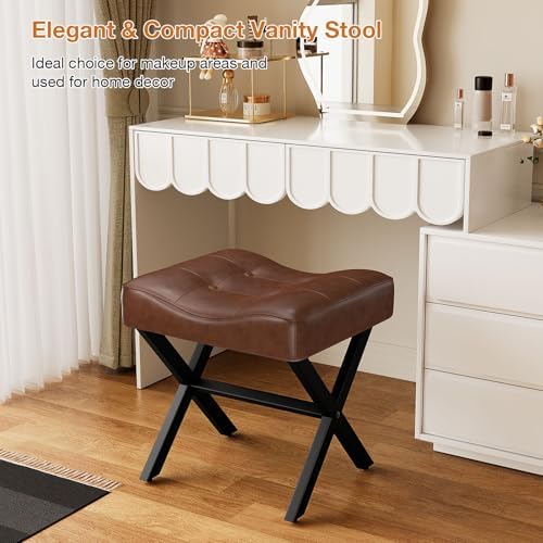Memobarco 18-Inch Large Leather Vanity Stool Chair, Dark Brown Makeup Stool