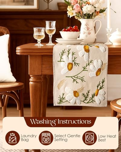 Canvas Embroidered Narrow 13"x 72" Table Runner, Beige Daisy