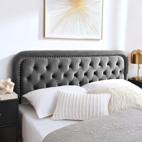 Tufted Upholstered Full Size Headboard only - Button Solid Wood HeadBoards with Adjustable Height - Modern Velvet Padded Bed Headboard - Easy Assembly - Nailhead, Gray