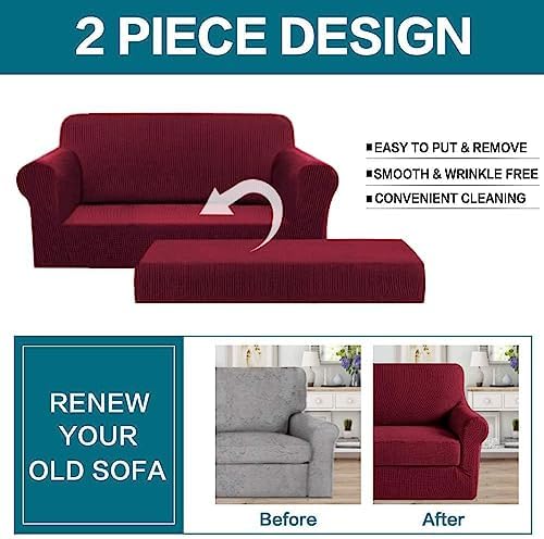 Turquoize Stretch Sofa Slipcover 2 Pieces Sofa Cover Couch Cover for 2 Cushion Couch Washable Furniture Protector Covers with Elastic Bottom Feature Thick Jacquard Fabric (Loveseat, Burgundy)