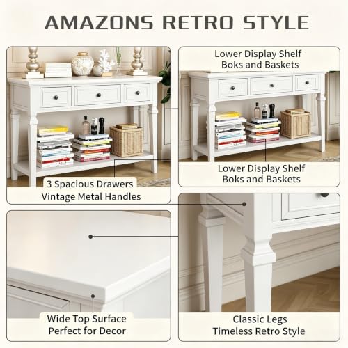 VEADONS Antique White Classic Retro Console Table with 3 Storage Drawers & Spacious Open Bottom Shelf, Vintage Entryway Sofa Accent Table with Simple Assembly for Hallway Living Room