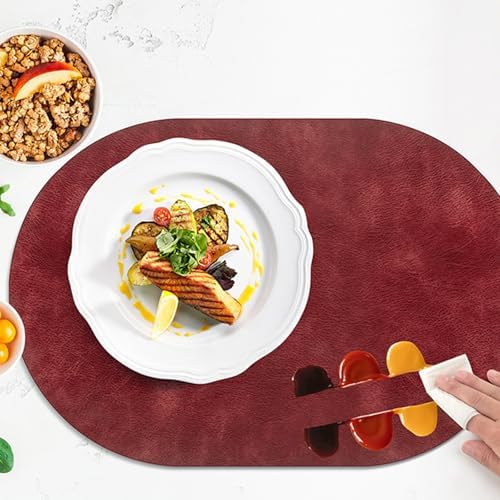 ADRIMER Oval Placemats Set of 12, Wipeable Faux Leather, Wine Red