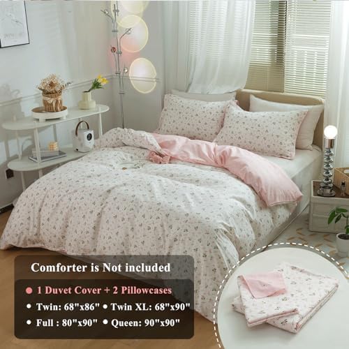 Pink Floral Duvet Cover Set 100% Cotton Full(80"x90"),White Pink
