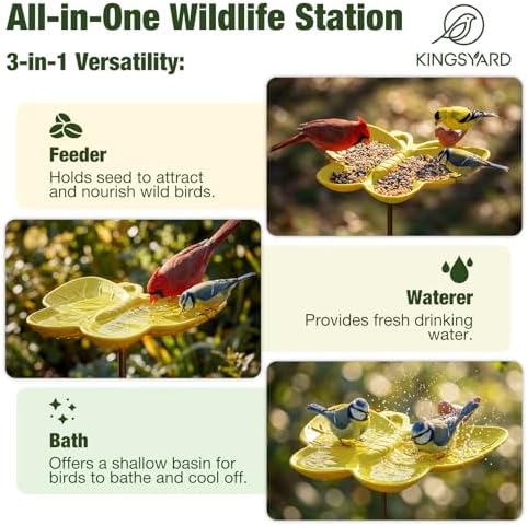 Kinsgyard 2 Pack Free Standing Tray Bird Feeders with Adjustable Pole, Wild Bird Bath for Outdoor Garden Yard Decor, Large Seed Capacity, Easy to Clean and Refill, Yellow & Green