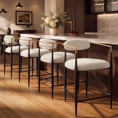 Morden Fort Counter Height Bar Stools Set of 4 with Gold Arms, Cream Boucle