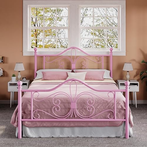 Allewie Metal Full Platform Bed Frame, Butterfly Pattern Design, Pink