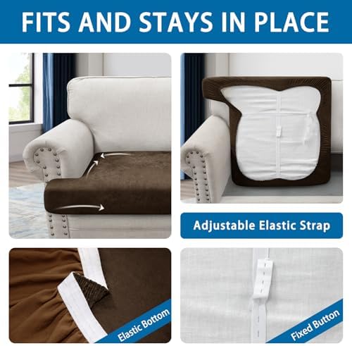 T Cushion Sofa Slipcovers Leather-Look 2PC Stretch Sofa Cushion Covers for 2 Cushion Couch Individually Couch Seat Cover with Elastic Bands, Pet-Friendly, Non-Slip, Easy Fit - Coffee