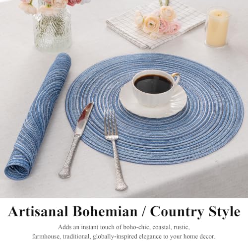 SHACOS Round Braided Placemats Set of 8 Circle Place Mats Cotton Polyester Kitchen Table Mats for Dining Table Wedding Party Decor (Blue Gray, 8)