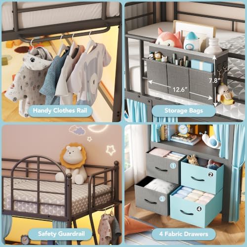 Twin Low Loft Bed with Desk & 4 Storage Drawers, Smart LED Lights,Dark Grey