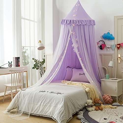 VETHIN Bed Canopy Double Layer Princess Round Dome Dreamy Mosquito Net Bedding Girls Room Castle Play Tent Hanging House Decor Reading Nook Canopies(Purple/White)