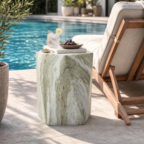 18" Pentagonal Concrete Side Table, Green Marble-Look Accent End Table