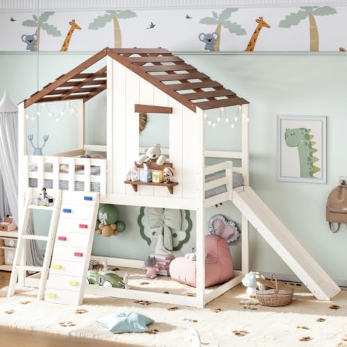 Twin Size House Bunk Bed with Convertible Slide & Ladder, Beige