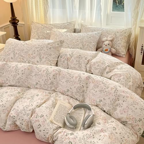 Full Size Floral Duvet Cover Set 3 Pcs 100 Cotton,1 Pink Full Duvet Cover with 2 Pillowcases,Bedding Set with Zipper,Soft Comfy Breathable Quilt Covers for Teen Girls Women 80"×90"