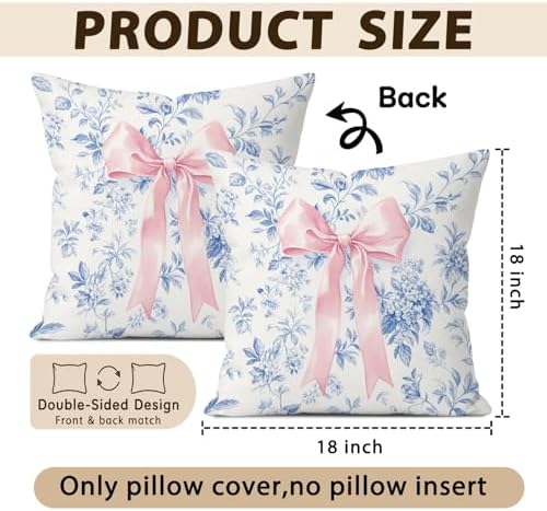 Blue Floral Pink Bow 18x18 Pillow Cover, Girly Room Decor