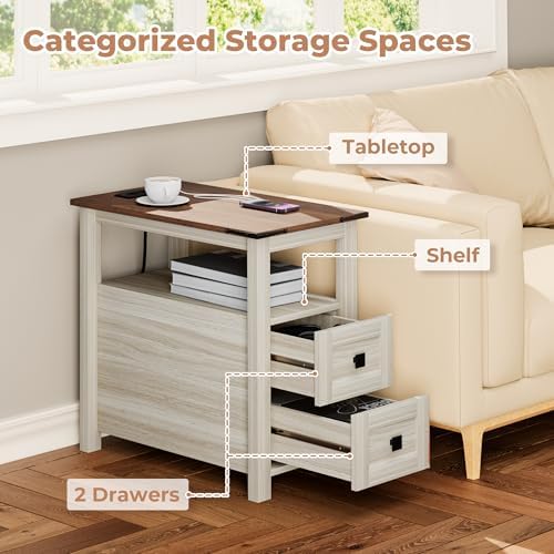 VVFLU Farmhouse End Table with Charging Station and 2 Drawers,Grey Wood Nightstand Narrow, Skinny Side Table Rustic, Slim Bedside Table, Open Shelf, Small for Bedroom, Living Room, Sofa