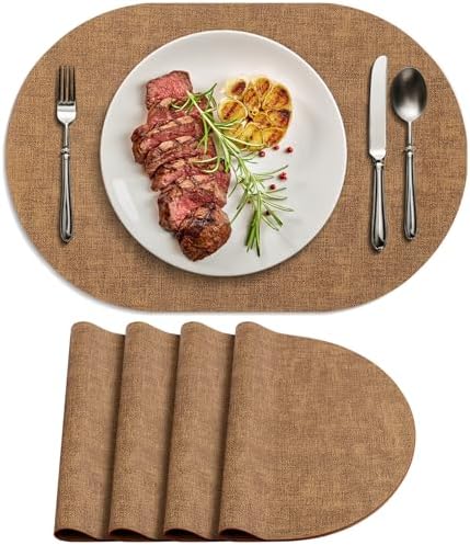 Faux Leather Oval Placemats Set of 4, Brown