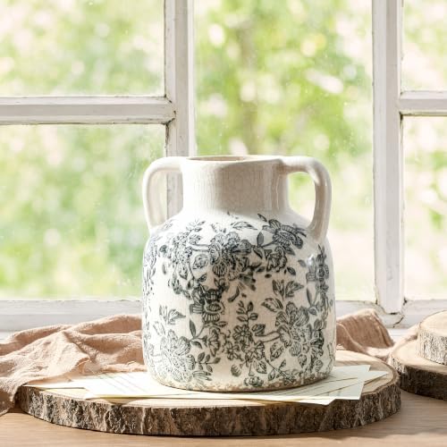 Ceramic Vase with Handles, Vintage Utensil Holder, Flower Decorative Vase Chinoiserie Decor Rustic Farmhouse Retro Floral Vases for Table Bookshelf Mantel Kitchen Living Room Office - 6.7” Gray 017