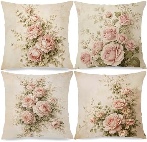 Vintage Pink Rose Floral Pillow Cover 18x18 Double-Sided Set of 4, French Country Decor, Pink Flower Throw Pillow Cover Case for Home Bedroom Living Room
