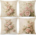 Vintage Pink Rose Floral Pillow Cover 18x18 Double-Sided Set of 4, French Country Decor, Pink Flower Throw Pillow Cover Case for Home Bedroom Living Room
