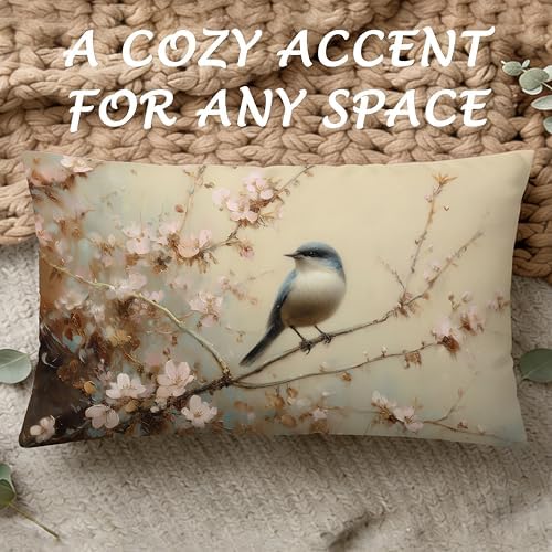 Vintage Spring Bird Lumbar Pillow Cover 12x20 Double-Sided, Nature Room Decor, Farmhouse Spring Pink Floral Bird Decorative Throw Pillow Cover for Living Room Home Bedroom