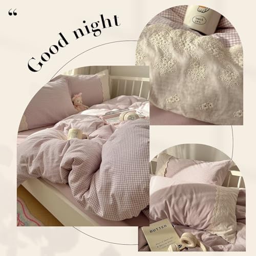 mixinni Purple White Gingham Duvet Cover Queen Size - 3 Piece Cottagecore Plaid Bedding Set with Lace Trim, Soft Washed Microfiber Vintage Aesthetic Grid Comforter Cover & Pillow Shams