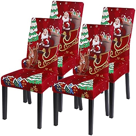 SearchI Christmas Chair Covers Set of 4, Stretch Xmas Kitchen Chair Cover Removable Washable Holiday Parsons Chair Slipcovers for Dining Room, Christmas Decoration, Ceremony(Santa Claus+Elk)