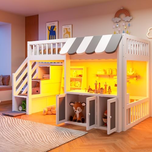 LUMISOL Twin Size Loft Bed with Storage Steps and Under Bed Cabinets, Playhouse Loft Bed Frame with LED Light, White+Gray