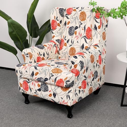 HAOYONG Wing Chair Slipcovers Printed Wingback Chair Covers 2 Pieces Wingback Armchair Slipcover Stretch Chair Slip Covers Washable Armchair Protector Cover for Living Room and Bedroom