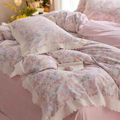 HighBuy Pink Floral Muslin Duvet Cover Twin XL,Ruffle Lace Floral Bedding Set for Girl College,Soft Gauze Cotton Comforter Cover with Zipper for Hot Sleepers,Breathable & Fade-Resistant