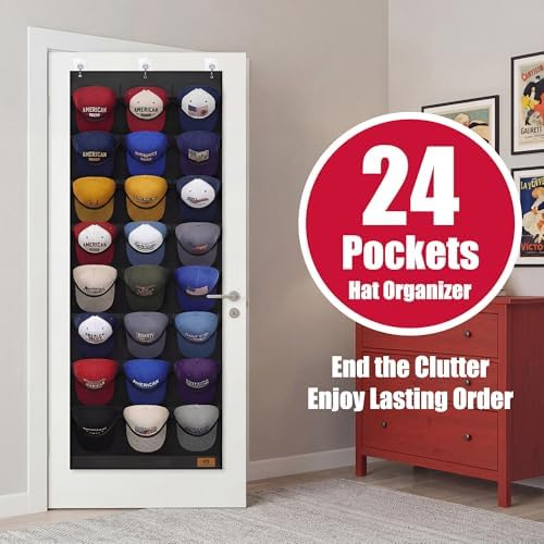 Hat Organizer for Baseball Caps-24 Deep Pockets, Visible Hat Rack for Door
