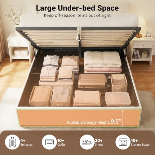 GIANTEX Queen Size Lift Up Storage Bed, Modern Linen Upholstered Platform w/Button Tufted Wingback Headboard & Hydraulic Support, Queen Bed Frame with Storage, No Box Spring Needed (Beige)