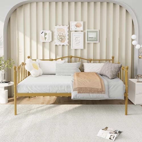 Twin Daybed with Trundle, Metal Sofa Bed Frame with Steel Slat Support, Twin Size Space-Saving Multifunctional Furniture for Living Room, Bedroom, Love Heart Design, No Box Spring Needed, Gold