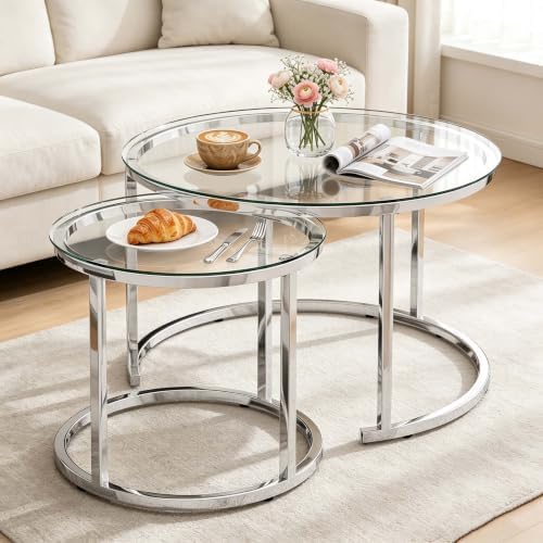 aboxoo Nesting Table Glass Coffee Table for Living Room,Silver Glass Table
