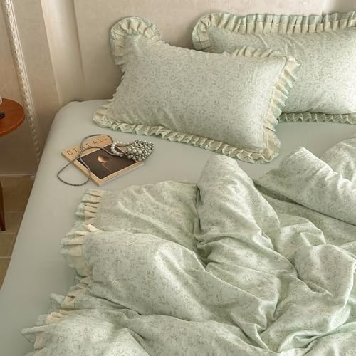 100% Cotton Muslin Duvet Covers Queen Size Ruffle Fringe Skin Friendly Princess Bedding Set with Zipper,3Pcs Romantic Aesthetic Comforter Covers 90"X90",1 Duvet Cover and 2 Pillowcases
