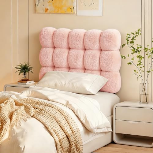 Pinmoco Twin Cloud-Shaped Upholstered Headboard, Teddy Fleece Pink
