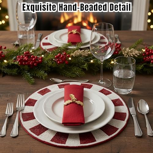 Alpha Living Home Beaded Placemats, Set of 2, 13 in Round, Red & White