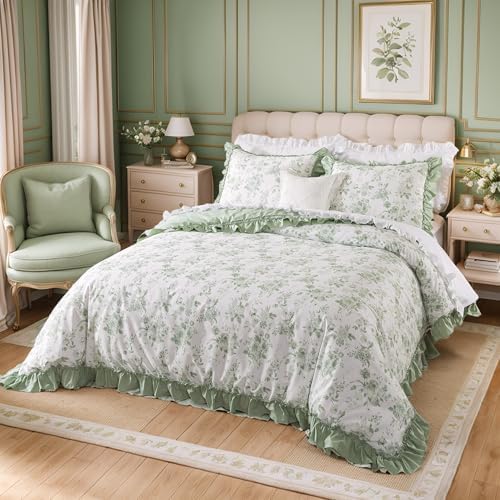 Brandream Twin Duvet Cover Set, 100% Cotton Floral Bedding with Ruffled Edge, Sage Green Vintage Botanical Grandmillennial, Soft Breathable Girls Dorm Cottagecore, 2 Piece