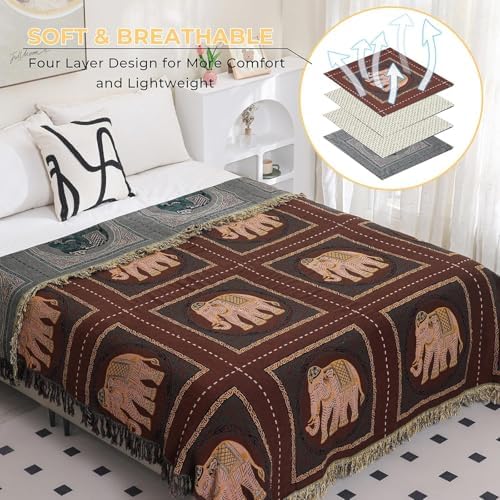 Elephant Pattern Cotton Boho Throw Blanket for Bed with Tassels 90"×98"