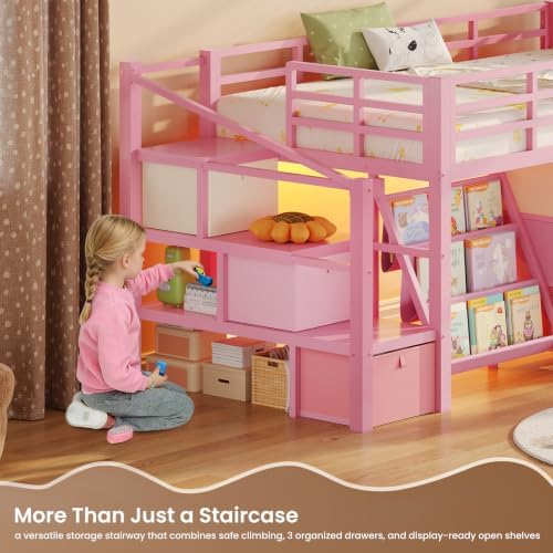 Low Loft Bed Twin Size with 9 Storage Drawers, Bookcase and LED Lights, Metal Kids Loft Bed with Wide Staircase, Open Shelves and Safety Guardrail, Twin Loft Bed with Under-Bed Playhouse, Pink