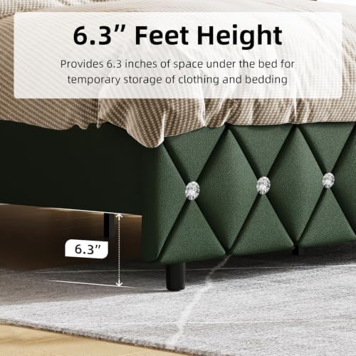Queen Size Bed Frame with Headboard, Upholstered Bed with Diamond Design