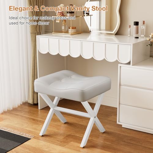 Memobarco 18-Inch Large Leather Vanity Stool Chair, White Makeup Stool